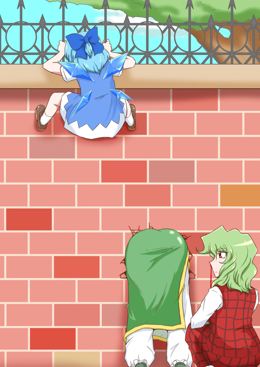 3girls absurdres ascot blood blue_dress blue_hair bow burijittou cirno dress green_hair hair_bow highres hong_meiling ice ice_wings kazami_yuuka long_hair multiple_girls nosebleed plaid plaid_vest puffy_short_sleeves puffy_sleeves redhead short_hair short_sleeves stuck through_wall touhou vest wall wings