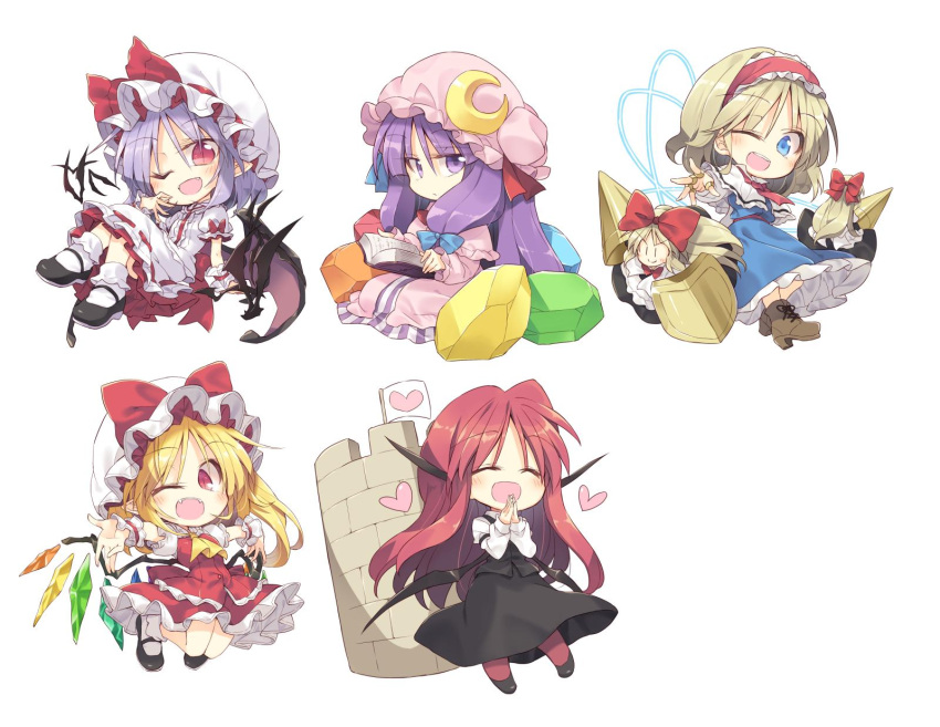 &gt;:) 5girls :/ :d ;d ^_^ alice_margatroid ascot bat bat_wings blonde_hair blue_dress blue_eyes blush book boots bow capelet chibi closed_eyes commentary_request crescent crescent_moon_pin cross-laced_footwear crossed_legs crystal dress dress_shirt eyebrows_visible_through_hair fangs flandre_scarlet frills full_body hair_ribbon hairband hands_together happy hat hat_bow head_wings heart highres holding holding_book jewelry kneeling koakuma lavender_hair lolita_hairband long_hair looking_at_viewer low_wings mob_cap multiple_girls one_eye_closed open_mouth outstretched_arms patchouli_knowledge pointy_ears polearm puffy_short_sleeves puffy_sleeves purple_dress purple_hair reading red_eyes red_legwear redhead remilia_scarlet ribbon ring satou_kibi shanghai_doll shield shirt shoes short_hair short_sleeves side_ponytail sidelocks simple_background sitting skirt skirt_set slit_pupils smile socks spear spread_arms striped striped_dress thumb_ring touhou tower tress_ribbon vertical_stripes very_long_hair vest violet_eyes weapon white_background white_shirt wings wrist_cuffs yellow_neckwear |_|