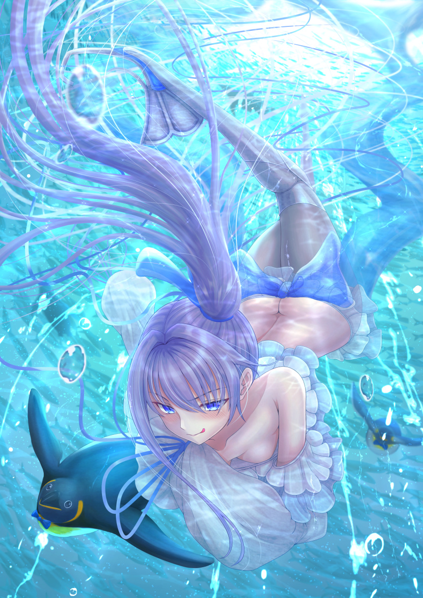 1girl :p absurdres bangs bare_shoulders bird blue_eyes blue_ribbon blush boots breasts choker closed_mouth collarbone eyebrows_visible_through_hair fate/grand_order fate_(series) hair_between_eyes highres huge_filesize long_hair long_sleeves looking_at_viewer meltryllis meltryllis_(swimsuit_lancer)_(fate) penguin penguintake purple_hair ribbon sleeves_past_fingers sleeves_past_wrists small_breasts smile solo swimming swimsuit thigh-highs thigh_boots tongue tongue_out underwater very_long_hair