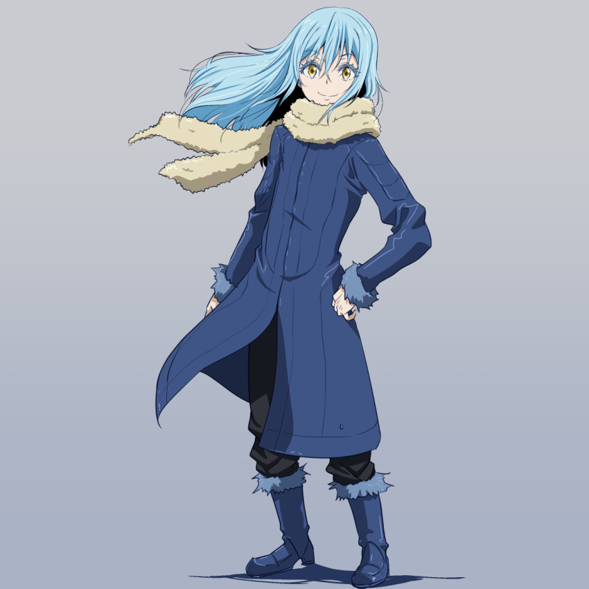 1other androgynous blue_hair boots closed_mouth commentary_request high_heel_boots high_heels highres long_hair looking_at_viewer rimuru_tempest scarf simple_background smile solo tensei_shitara_slime_datta_ken yazwo yellow_eyes
