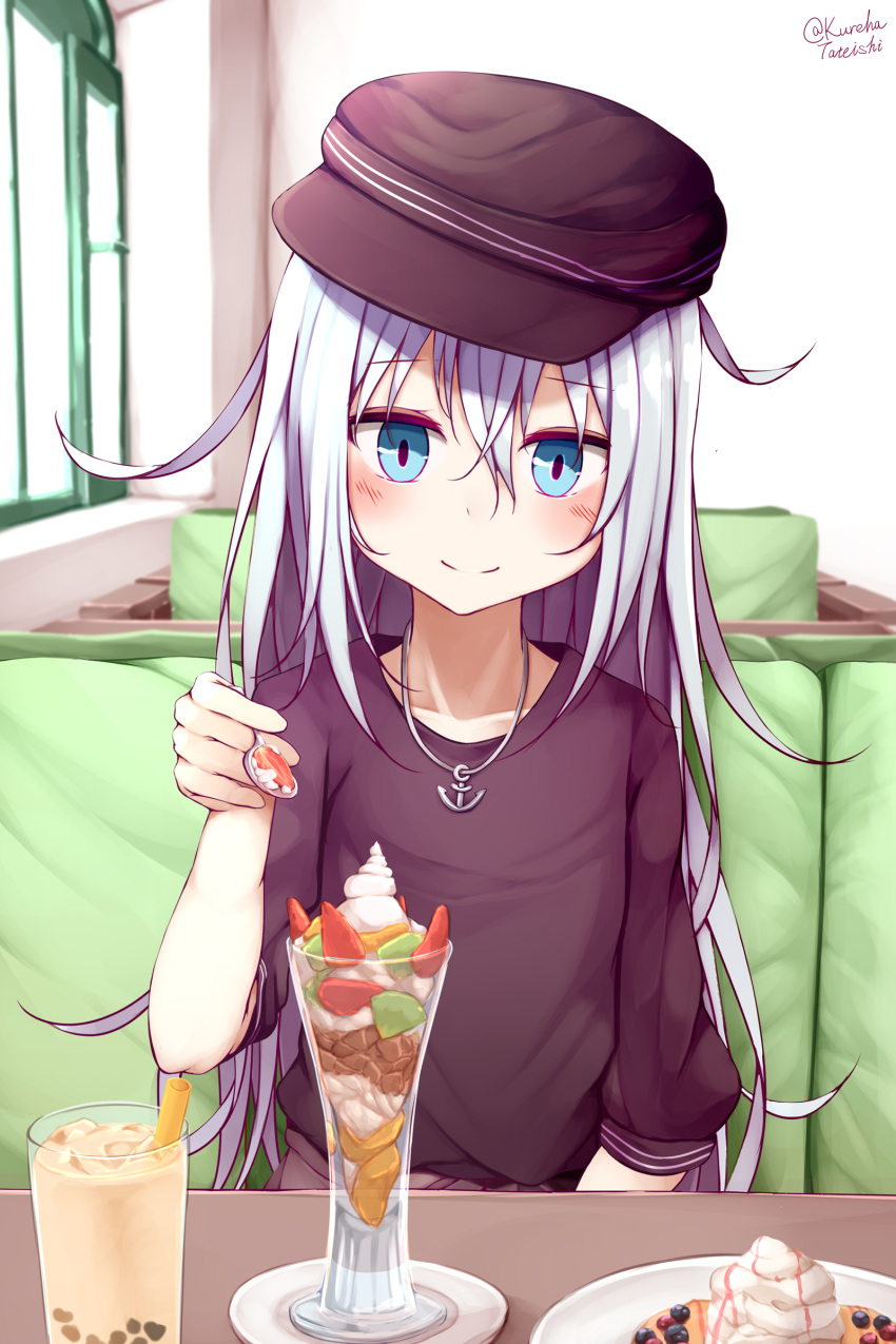 1girl absurdres alternate_costume anchor_necklace bangs black_headwear black_shirt blue_eyes blurry blurry_background blush brown_skirt bubble_tea casual closed_mouth collarbone commentary_request cup depth_of_field drink drinking_glass eyebrows_visible_through_hair flat_cap food hair_between_eyes hamayuu_(litore) hat hibiki_(kantai_collection) highres holding holding_spoon indoors kantai_collection long_hair parfait plate saucer seat shirt short_sleeves silver_hair sitting skirt smile solo spoon twitter_username upper_body