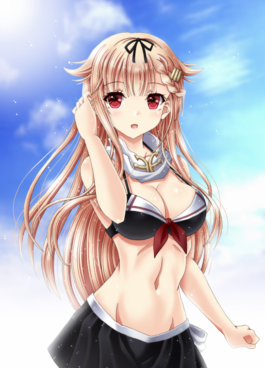 1girl absurdres alternate_costume amou_yuu bikini black_ribbon blonde_hair breasts clouds cloudy_sky commentary_request hair_flaps hair_ornament hair_ribbon hairclip highres kantai_collection large_breasts long_hair looking_at_viewer navel open_mouth red_eyes red_ribbon remodel_(kantai_collection) ribbon sailor_bikini sailor_collar scarf sky solo swimsuit white_scarf yuudachi_(kantai_collection)