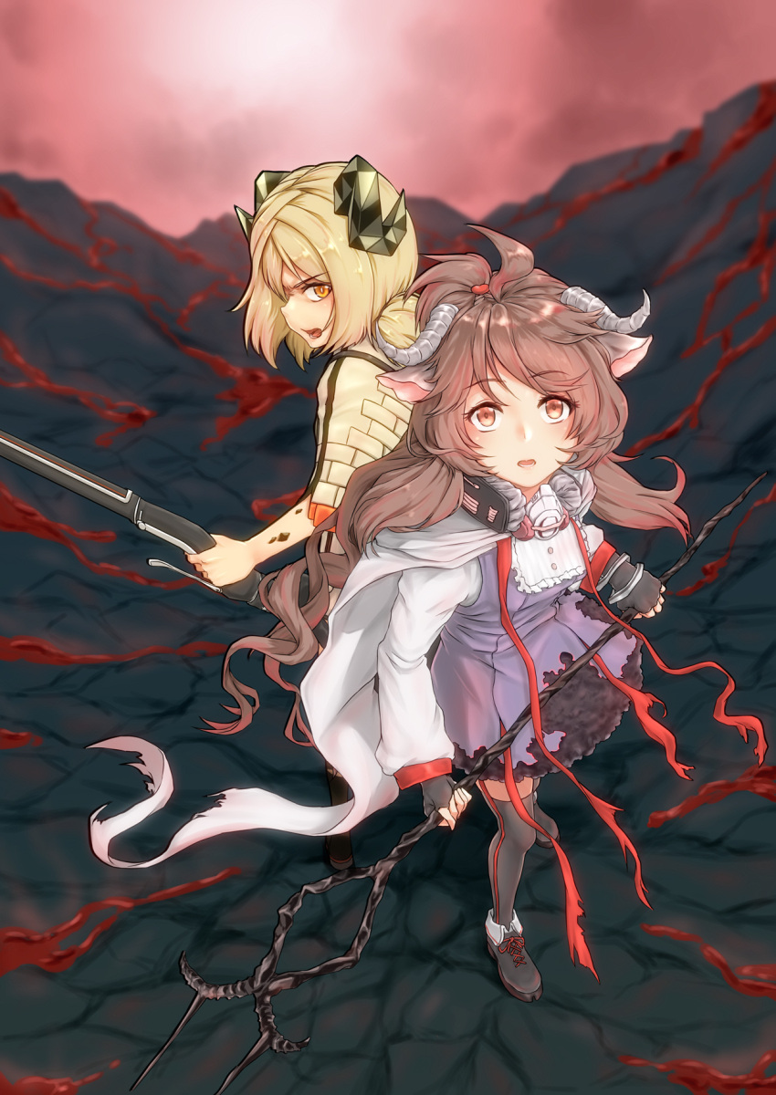 2girls ahoge animal_ears arknights bangs black_footwear black_gloves black_legwear brown_hair commentary_request curled_horns dress eyebrows_visible_through_hair eyjafjalla_(arknights) fingerless_gloves from_above gloves gun hair_ornament highres holding holding_gun holding_staff holding_weapon horns ifrit_(arknights) long_hair long_sleeves looking_at_viewer multiple_girls orange_eyes pantyhose rifle sheep_horns shoes short_hair staff standing thigh-highs twintails weapon yamauchi_(conan-comy)