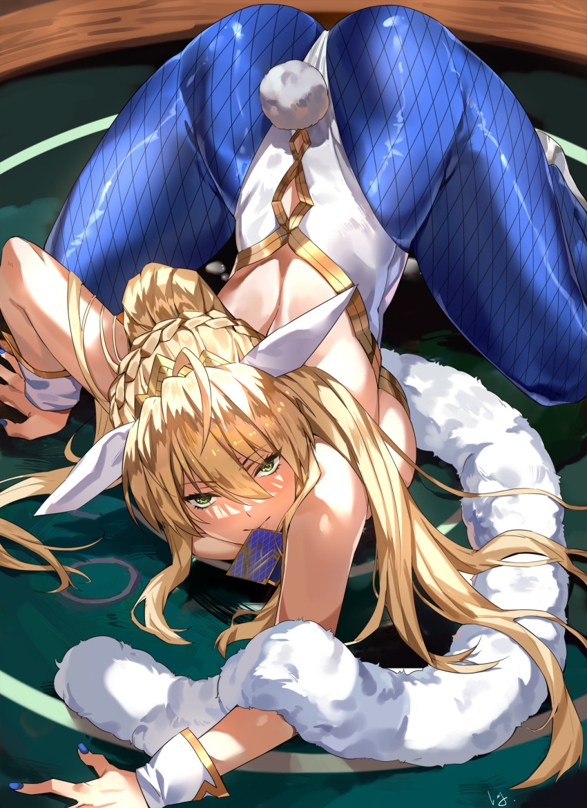 1girl ahoge all_fours animal_ears artoria_pendragon_(all) artoria_pendragon_(swimsuit_ruler)_(fate) ass blonde_hair blue_legwear breasts bunny_tail bunnysuit detached_collar fate/grand_order fate_(series) fishnets green_eyes hair_between_eyes highres indoors large_breasts leotard long_hair looking_at_viewer mouth_hold nail_polish nanaya_(daaijianglin) necktie paid_reward pantyhose patreon_reward ponytail rabbit_ears shiny shiny_clothes shiny_hair sidelocks tail top-down_bottom-up wrist_cuffs