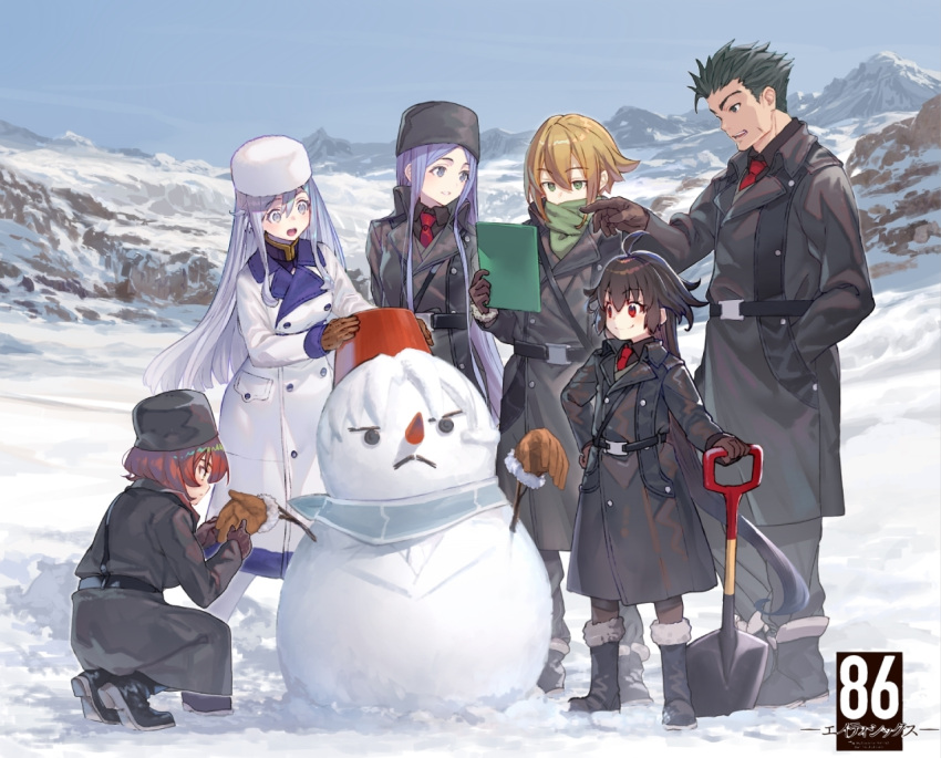 1boy 5girls 86_-eightysix- :&lt; ahoge angel_emma black_coat black_footwear black_hair black_headwear blue_sky boots breasts brown_gloves brown_hair brown_legwear bucket bucket_on_head closed_mouth coat day eyebrows_visible_through_hair frederica_rosenfort fur-trimmed_boots fur-trimmed_gloves fur_hat fur_trim gloves green_eyes green_scarf grey_eyes grey_hair hand_in_pocket hand_on_hip hat holding holding_shovel knee_boots krena_kukumira large_breasts long_hair long_sleeves looking_at_another looking_away multiple_girls necktie object_on_head open_mouth outdoors panties parted_lips pointing purple_hair raiden_suga red_eyes red_neckwear redhead scarf seoto_rikka shirabi short_hair shovel sky smile snow snowman squatting standing underwear very_long_hair violet_eyes vladilena_millize white_headwear