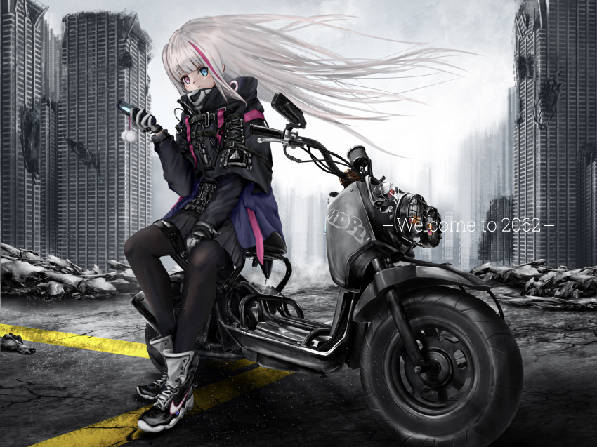 1girl absurdres artist_request cellphone city damaged english_text flip_phone girls_frontline ground_vehicle hair_flowing_over heterochromia highres mdr_(girls_frontline) motor_vehicle motorcycle phone road ruins solo