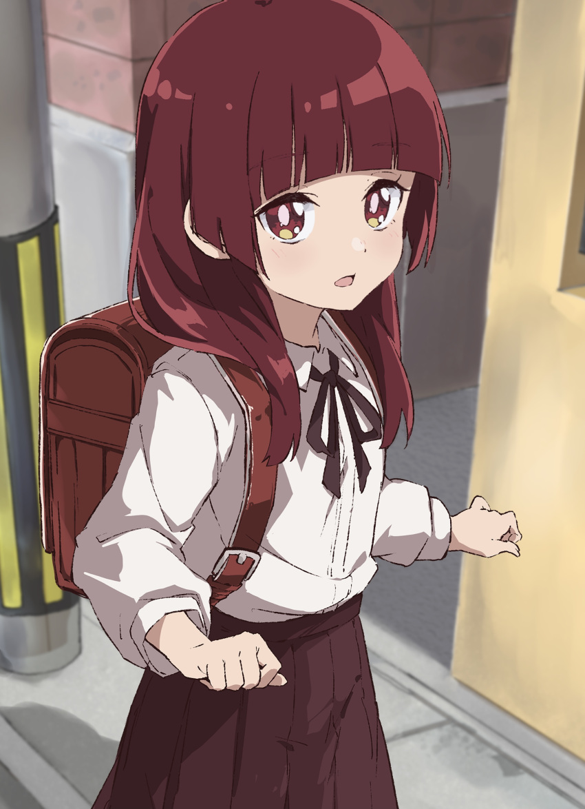 1girl absurdres backpack bag brown_eyes brown_hair brown_skirt child commentary_request day female_child frown highres hime_cut kumichou_musume_to_sewagakari long_hair long_sleeves looking_at_viewer open_mouth outdoors rauto sakuragi_yaeka school_uniform shirt skirt solo standing utility_pole white_shirt