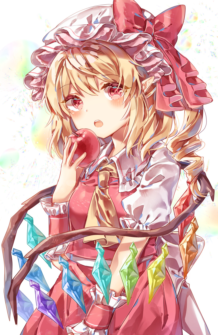 1girl apple ascot ayatsuki_sugure bangs blonde_hair blush bow check_commentary collar collared_shirt commentary commentary_request crystal curly_hair eyebrows_visible_through_hair flandre_scarlet food frilled_collar frilled_sleeves frills fruit hair_bow hand_up hat highres holding holding_food holding_fruit looking_at_viewer medium_hair mob_cap open_mouth puffy_short_sleeves puffy_sleeves red_bow red_eyes red_skirt red_vest shirt short_sleeves side_ponytail skirt solo touhou upper_body vest white_shirt wings wrist_cuffs yellow_neckwear