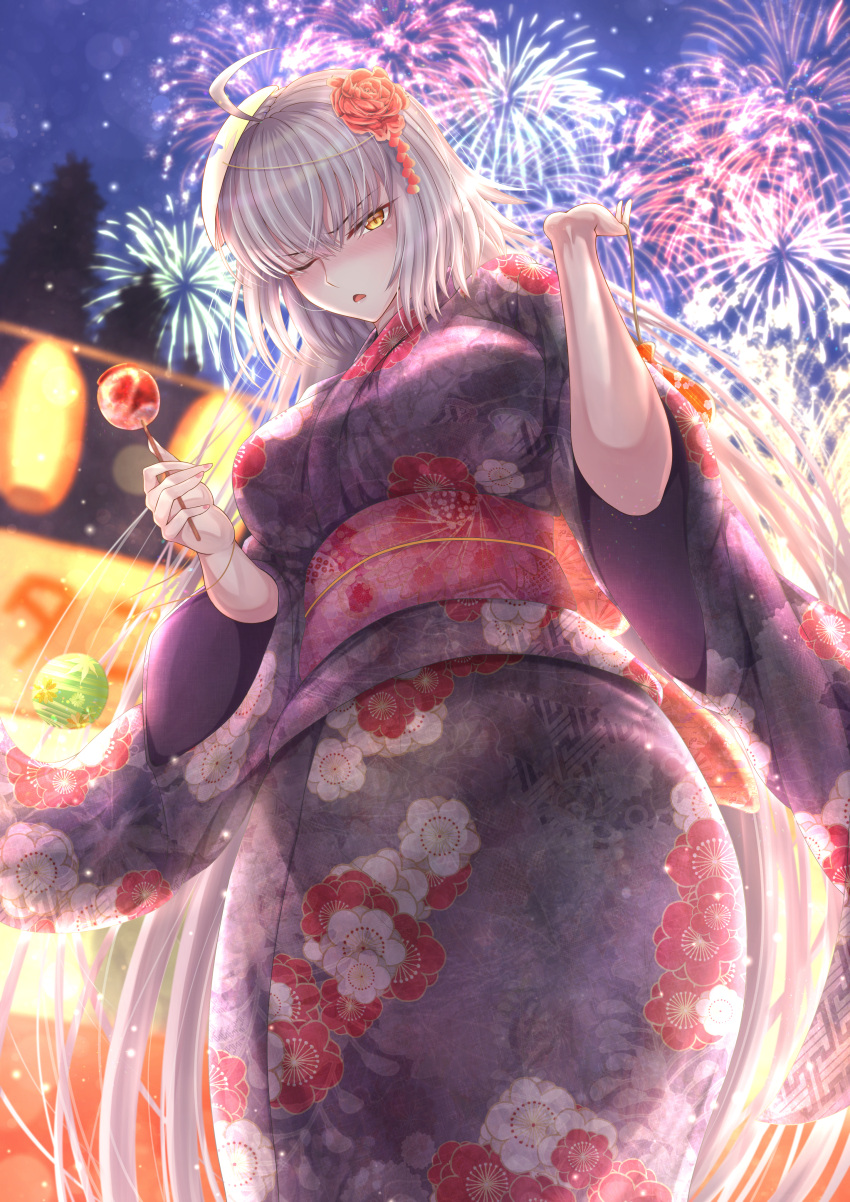 1girl absurdres ahoge blush breasts candy_apple fate/grand_order fate_(series) festival fireworks flower food food_stand from_below hair_flower hair_ornament highres huge_filesize japanese_clothes jeanne_d'arc_(alter)_(fate) jeanne_d'arc_(fate)_(all) kimono large_breasts long_hair mask mask_on_head night one_eye_closed penguintake white_hair wide_sleeves yellow_eyes yukata