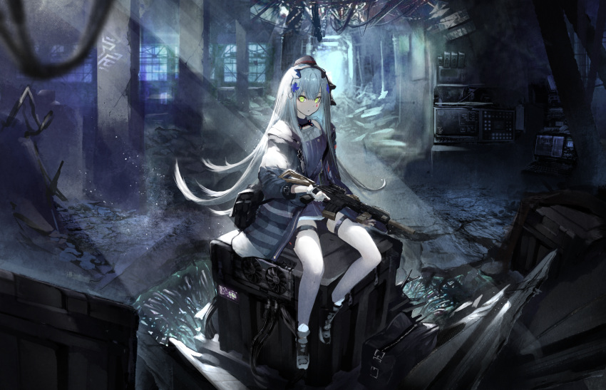 1girl absurdres aizawa_masaya assault_rifle bangs beret black_legwear boots breasts choker dress expressionless flashbang full_body girls_frontline gloves green_eyes gun h&amp;k_hk416 hat headgear heckler_&amp;_koch highres hk416_(girls_frontline) holding huge_filesize indoors jacket light long_hair looking_at_viewer magazine_(weapon) mod3_(girls_frontline) open_clothes open_jacket pantyhose purple_dress rifle ruins shoes sidelocks silver_hair sitting snap-fit_buckle solo thigh_strap trigger_discipline weapon white_gloves