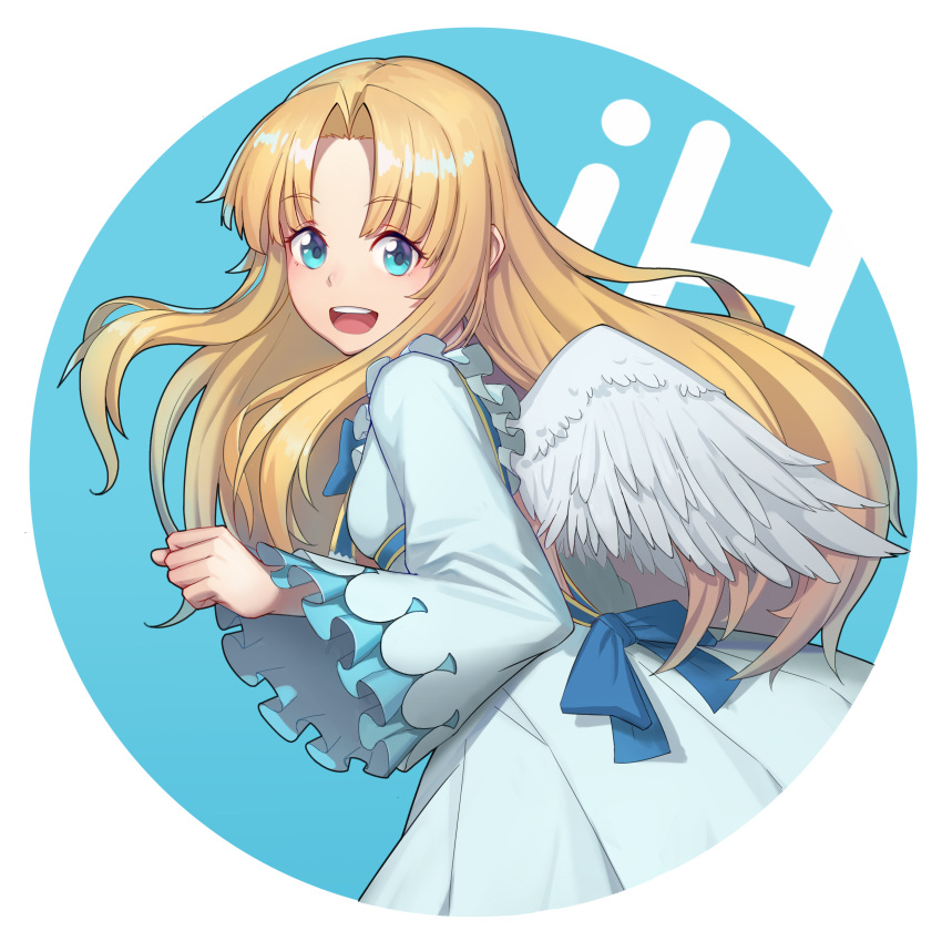 1girl :d absurdres angel_wings bangs blonde_hair blue_bow blue_eyes bow chun_zhuan dress eyebrows_visible_through_hair feathered_wings firo_(tate_no_yuusha_no_nariagari) frilled_dress frilled_sleeves frills highres long_hair looking_at_viewer looking_back open_mouth parted_bangs smile tate_no_yuusha_no_nariagari white_dress white_wings wide_sleeves wings