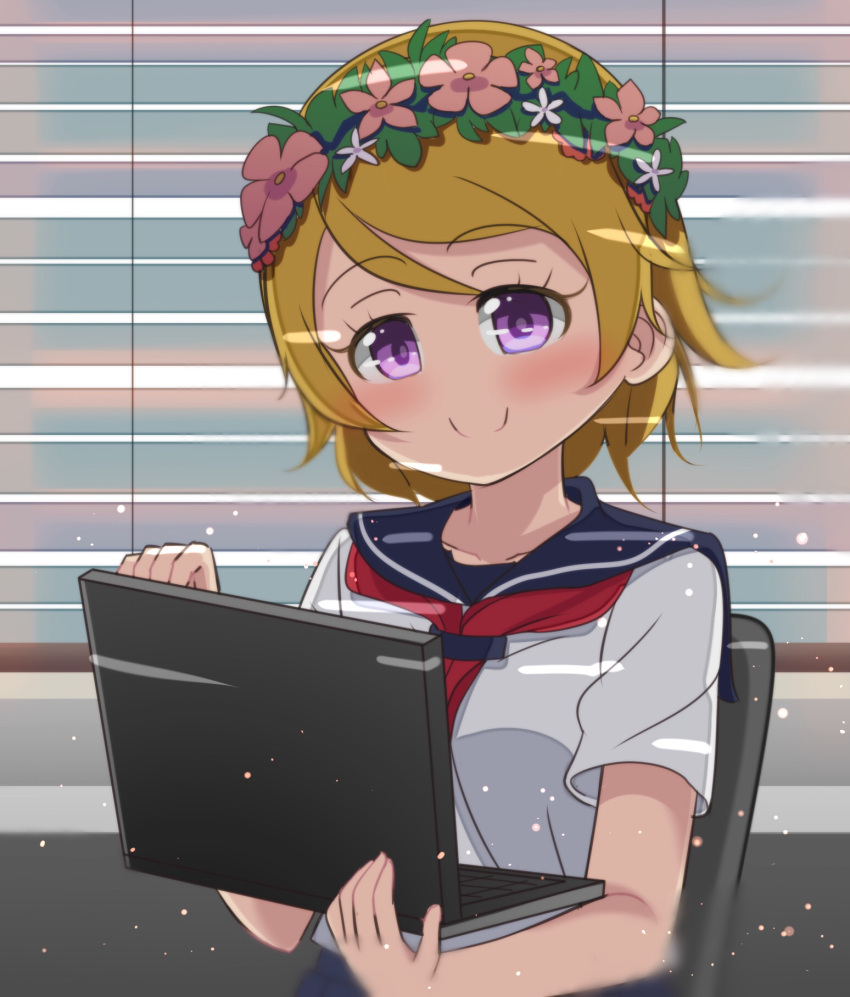 1girl bangs blonde_hair blush chair closed_mouth computer cosplay crossover eyebrows_visible_through_hair head_wreath highres holding_laptop indoors koizumi_hanayo laptop looking_at_viewer love_live! love_live!_school_idol_project muse_loss sakugawa_school_uniform school_uniform short_hair smile solo to_aru_kagaku_no_railgun to_aru_majutsu_no_index uiharu_kazari uiharu_kazari_(cosplay) violet_eyes