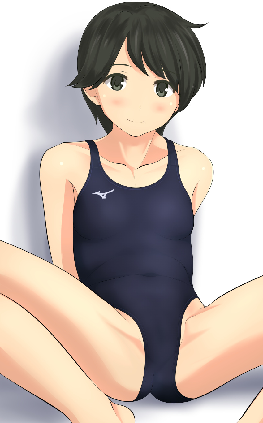 1girl absurdres black_hair black_swimsuit brown_eyes collarbone commentary_request competition_swimsuit flat_chest highres kantai_collection looking_at_viewer mizuno mogami_(kantai_collection) one-piece_swimsuit short_hair simple_background smile solo spread_legs swimsuit takafumi white_background