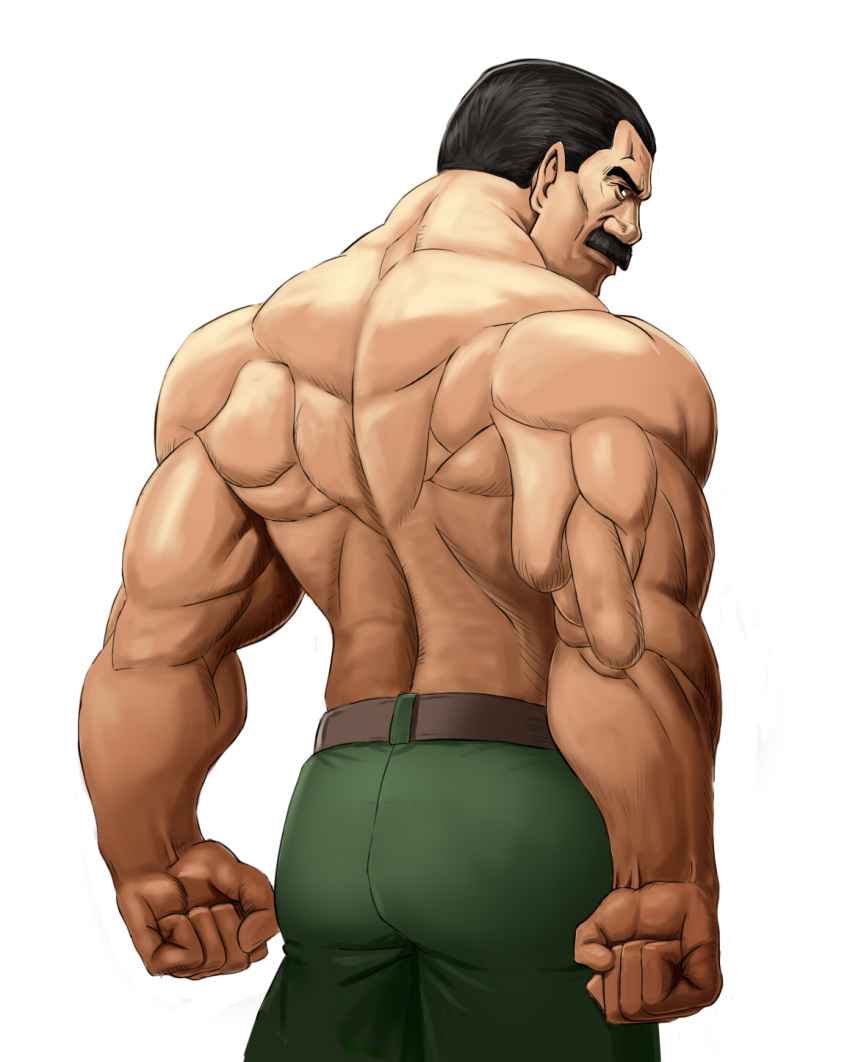 1boy ass back belt black_eyes black_hair clenched_hand cowboy_shot facial_hair final_fight green_pants highres looking_back male_focus mike_haggar muscle mustache old_man pants shirtless simple_background solo taka_(takahirokun) white_background