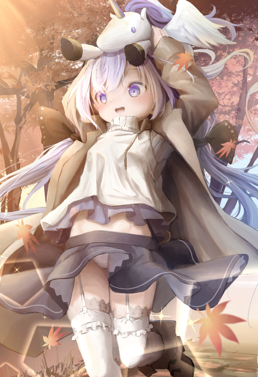 1girl :d absurdres arm_up autumn_leaves azur_lane bangs black_ribbon black_skirt blush boots breasts brown_footwear brown_jacket commentary_request day eyebrows_visible_through_hair garter_straps hair_between_eyes hair_ribbon highres jacket leaf long_hair long_sleeves looking_away low_twintails maple_leaf on_head open_clothes open_jacket open_mouth outdoors panties pleated_skirt purple_hair ribbon round_teeth skirt small_breasts smile solo standing standing_on_one_leg stuffed_alicorn stuffed_animal stuffed_toy sweater teeth tree turtleneck turtleneck_sweater twintails underwear unicorn_(azur_lane) upper_teeth utatanecocoa very_long_hair violet_eyes white_legwear white_panties white_sweater