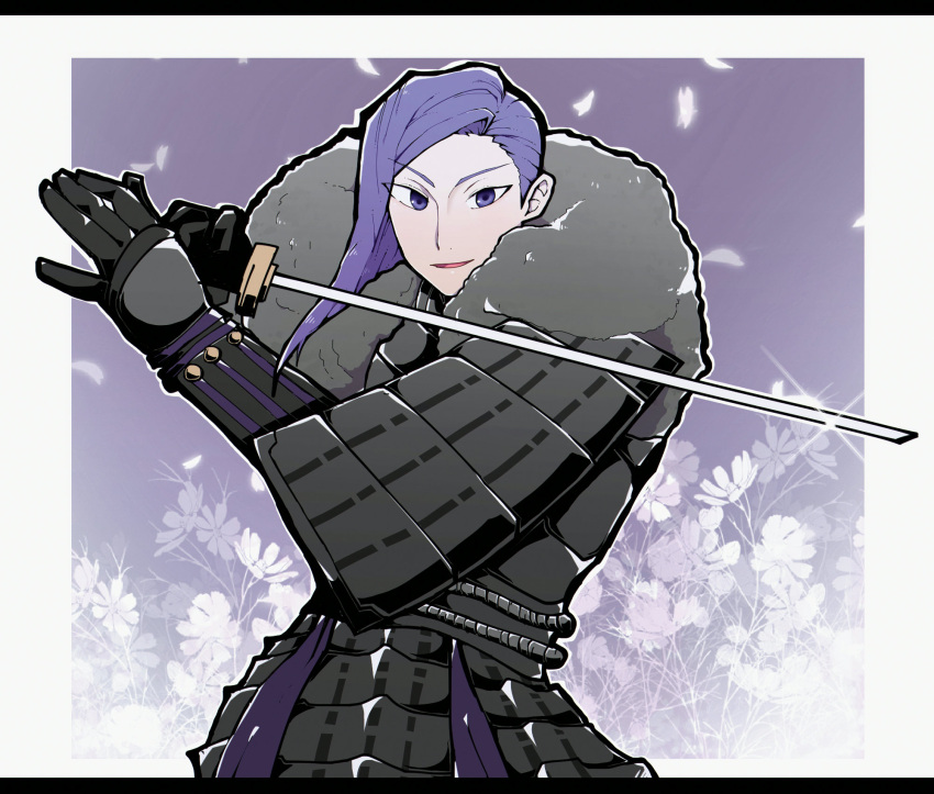 1boy alternate_costume armor fire_emblem fire_emblem:_three_houses flower fur_trim gloves highres japanese_armor katana long_hair lorenz_hellman_gloucester open_mouth petals purple_hair solo sword upper_body violet_eyes weapon white_background yuyu_0519