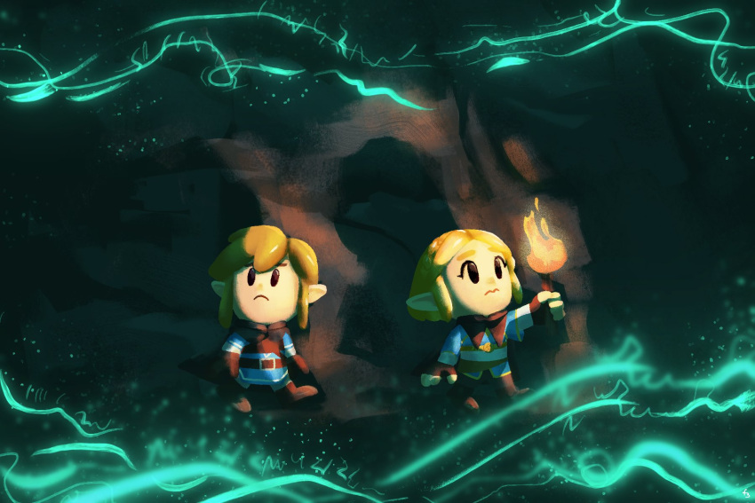 1boy 1girl blonde_hair boots brown_gloves brown_pants closed_mouth energy fern_bautista fingerless_gloves gloves highres link pants parody pointy_ears princess_zelda short_hair sidelocks style_parody the_legend_of_zelda the_legend_of_zelda:_breath_of_the_wild the_legend_of_zelda:_breath_of_the_wild_2 the_legend_of_zelda:_link's_awakening torch tunic wavy_mouth