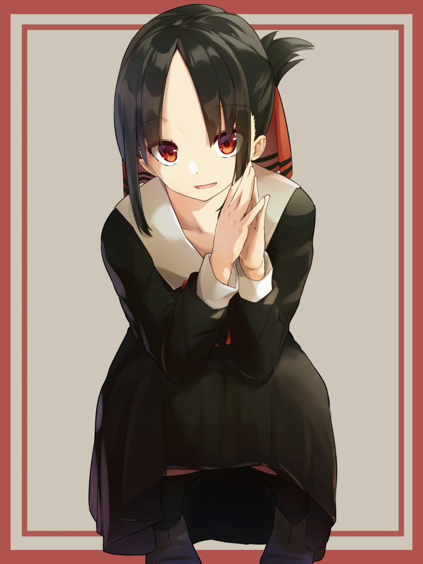 1girl black_dress black_hair black_legwear black_shirt black_skirt border commentary dress hair_ribbon hands_together highres kaguya-sama_wa_kokurasetai_~tensai-tachi_no_renai_zunousen~ open_mouth rb2 red_border red_eyes red_ribbon ribbon shinomiya_kaguya shirt shoes short_hair skirt smile socks solo