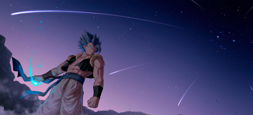 1boy abs arms_at_sides baggy_pants blue_eyes blue_hair blue_sky chest clenched_hand comet dragon_ball dragon_ball_super_broly energy energy_ball feet_out_of_frame frown gogeta highres looking_afar looking_away male_focus mattari_illust mountain night night_sky outdoors pants purple_sky shaded_face sky smile spiky_hair standing star_(sky) starry_sky super_saiyan_blue waistcoat white_pants wide_shot wristband