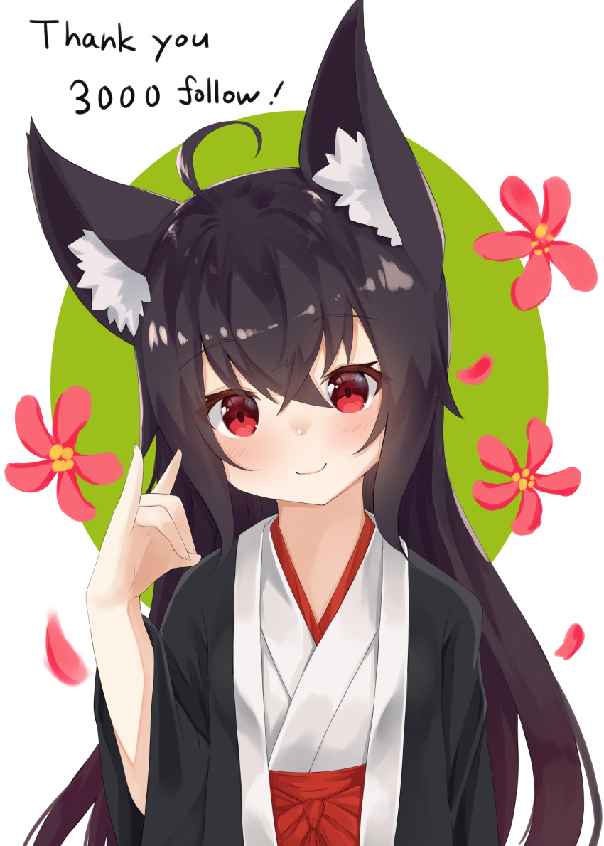 1girl absurdres animal_ear_fluff animal_ears black_hair commentary_request eyebrows_visible_through_hair flower followers fox_ears fox_shadow_puppet hakama haori happi highres hits japanese_clothes long_hair long_sleeves looking_at_viewer miko original red_eyes sakuma_hiragi simple_background smile thank_you white_background wide_sleeves