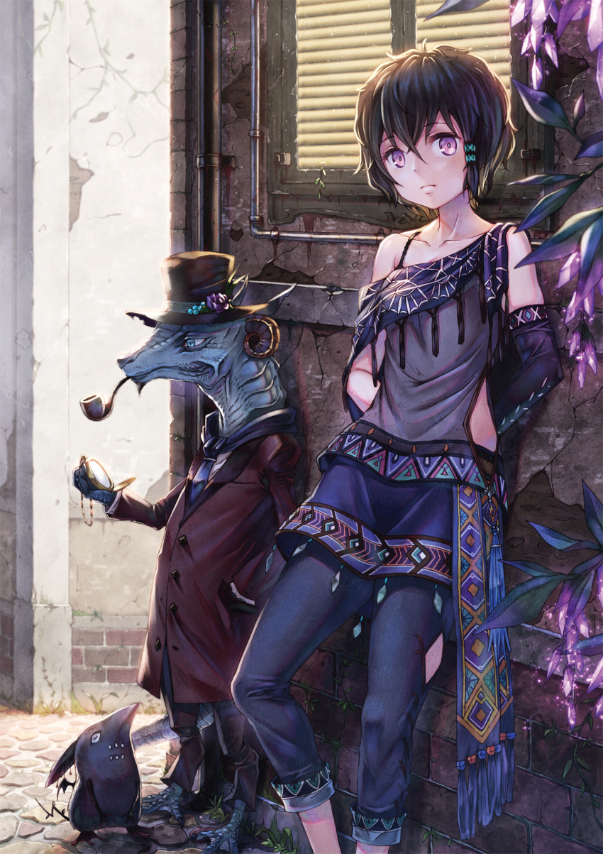 against_wall black_hair blue_eyes breasts brick cobblestone crack curled_horns day fantasy flower hand_in_pocket hat hat_flower highres lavender_eyes lizard off_shoulder original outdoors pants pipe pipes pocket_watch pointy_ears sho_(sumika) short_hair side_cutout small_breasts standing top_hat watch window