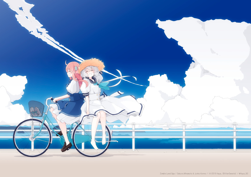 2girls bangs basket bicycle blue_sky closed_eyes clouds condensation_trail dress ground_vehicle hair_ribbon hat haya_bs high_heels highres konno_junko long_hair minamoto_sakura multiple_girls ocean open_mouth redhead ribbon school_uniform sky smile straw_hat tied_hair twintails white_hair zombie_land_saga