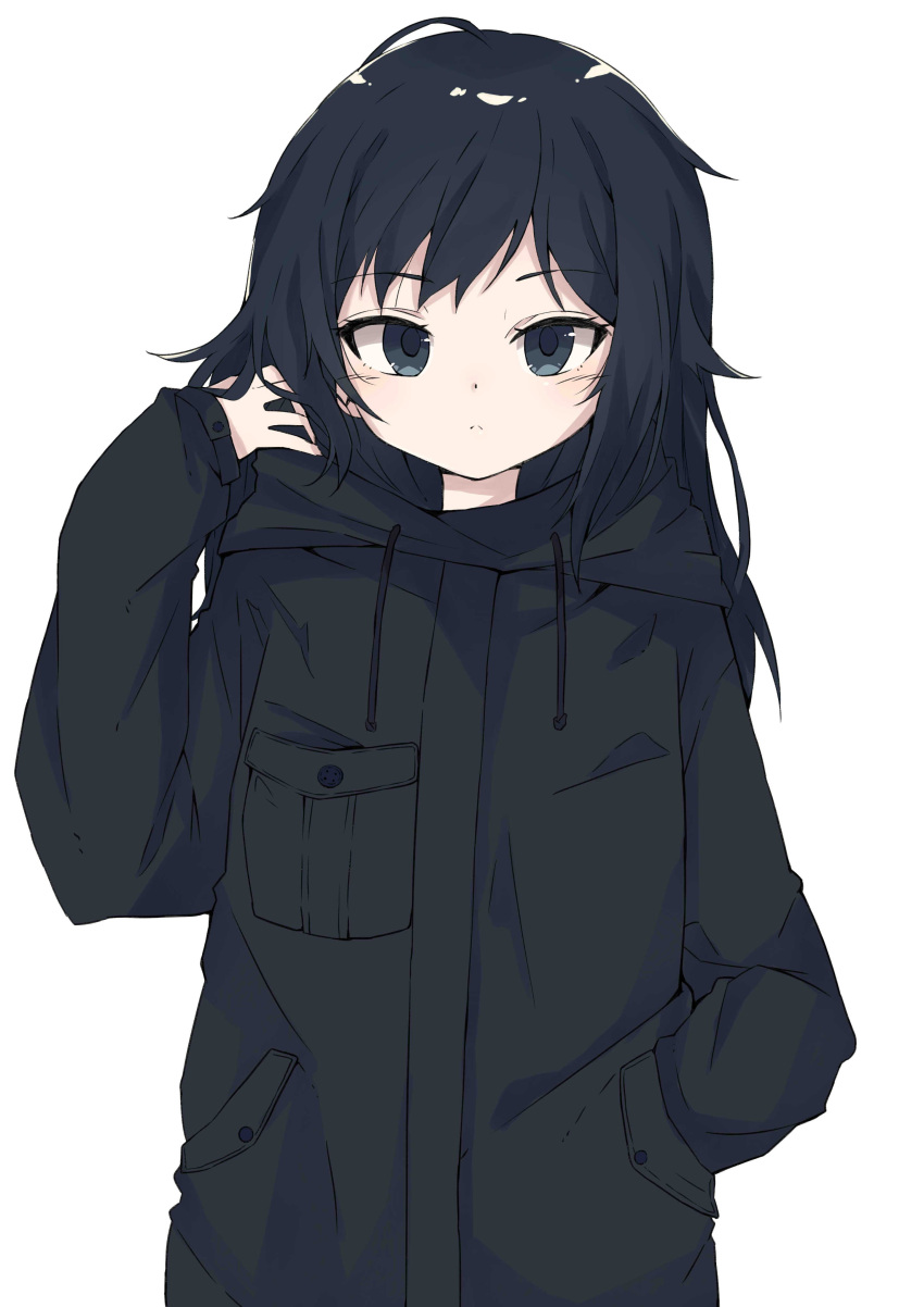 1girl absurdres bangs black_coat black_eyes black_hair character_request closed_mouth copyright_request drawstring expressionless eyebrows_visible_through_hair hand_in_hair hand_in_pocket highres hood hood_down hooded_coat long_hair long_sleeves monochrome_background sasakungoodsize simple_background white_background