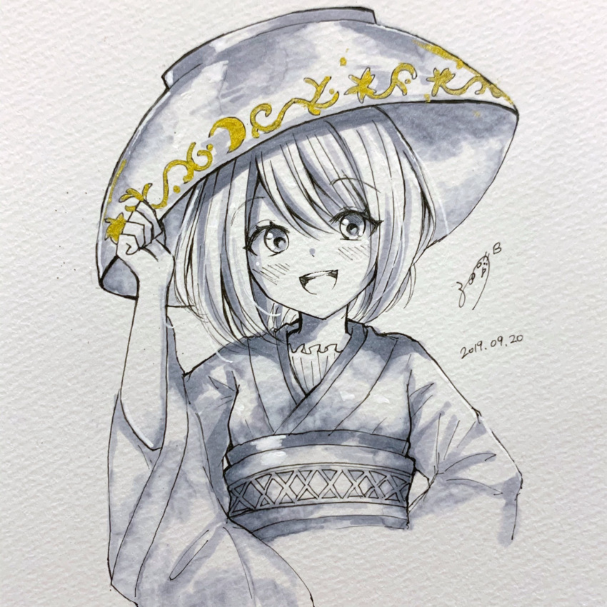 1girl bowl bowl_hat dated hand_on_headwear hat highres japanese_clothes kimono long_sleeves looking_at_viewer monochrome obi open_mouth sash short_hair signature smile solanikieru solo spot_color sukuna_shinmyoumaru touhou wide_sleeves