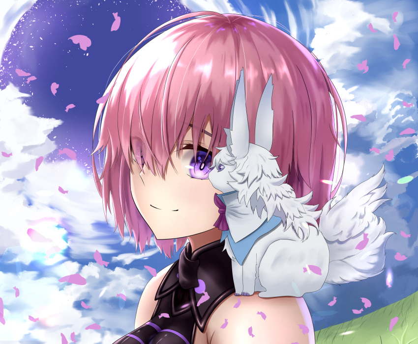 1girl absurdres bare_shoulders breasts clouds commentary_request eyebrows_visible_through_hair eyes_visible_through_hair face fate/grand_order fate_(series) fou_(fate/grand_order) hair_over_one_eye highres huge_filesize large_breasts lavender_hair leaf looking_at_viewer mash_kyrielight outdoors purple_hair short_hair smile sou_skate714 violet_eyes