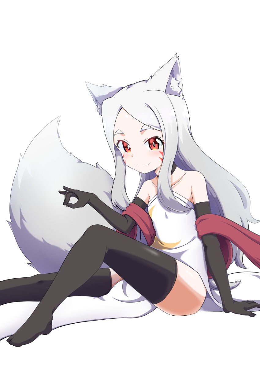 1girl 9-san absurdres animal_ear_fluff animal_ears black_gloves black_legwear china_dress chinese_clothes dress elbow_gloves facial_mark fox_ears fox_shadow_puppet fox_tail gloves highres legs long_hair red_eyes sewayaki_kitsune_no_senko-san shadow_puppet shiro_(sewayaki_kitsune_no_senko-san) silver_hair simple_background sitting smile solo tail thigh-highs white_background white_dress