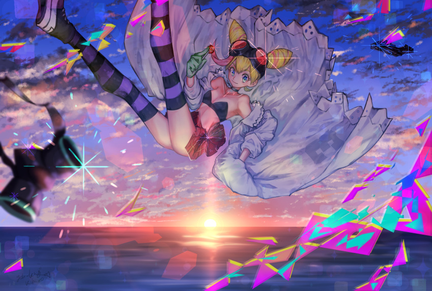 1girl bikini_top blonde_hair blue_eyes choker collarbone double_bun falling gas_mask gloves goggles goggles_on_head green_gloves hand_in_pocket highres kihiro_(pixiv15798613) labcoat looking_at_viewer lucia_fex midriff multicolored_hair ocean outdoors pink_hair promare purple_legwear red_skirt shoes side_ponytail signature skirt smile sneakers striped striped_legwear sunset two-tone_hair water