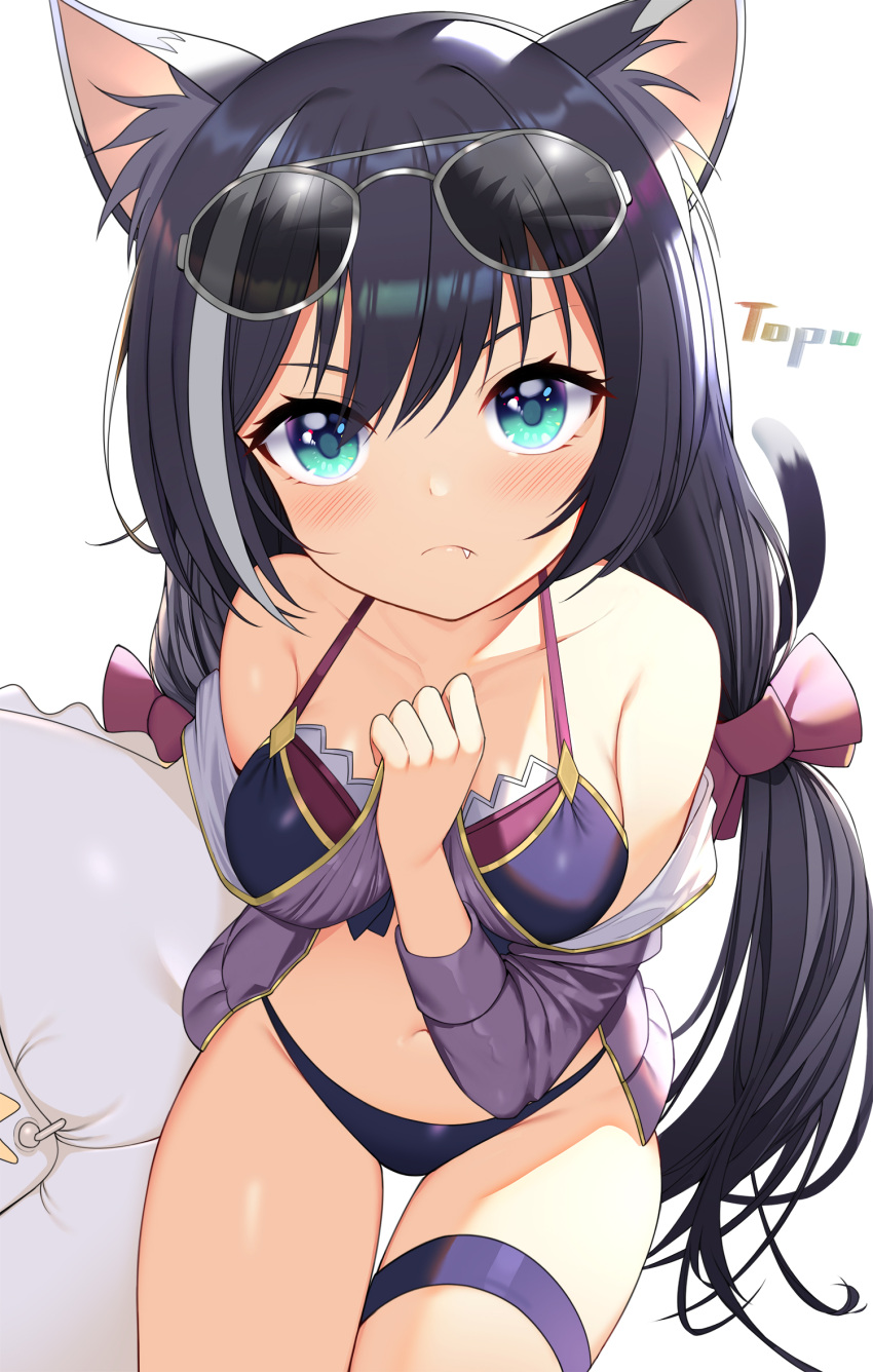 1girl animal_ear_fluff animal_ears artist_name bare_shoulders bikini black_bikini black_hair blue_eyes bow breasts cat_ears cat_tail closed_mouth collarbone commentary_request cowboy_shot eyewear_on_head fang hair_bow hand_up highres holding jacket kyaru_(princess_connect) long_hair long_sleeves looking_at_viewer medium_breasts multicolored_hair navel off_shoulder open_clothes open_jacket princess_connect! princess_connect!_re:dive purple_jacket solo streaked_hair sunglasses swimsuit tail thigh_gap thigh_strap tttanggvl very_long_hair
