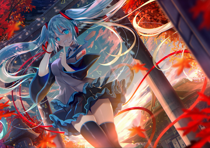 1girl autumn_leaves black_legwear black_skirt black_sleeves blue_eyes blue_hair clouds detached_sleeves dutch_angle floating_hair grey_shirt grin hatsune_miku headphones leaf long_hair looking_at_viewer necktie number_tattoo outdoors pleated_skirt shirt skirt sky sleeveless sleeveless_shirt smile solo tattoo thigh-highs torii tree twintails very_long_hair vocaloid yano_mitsuki