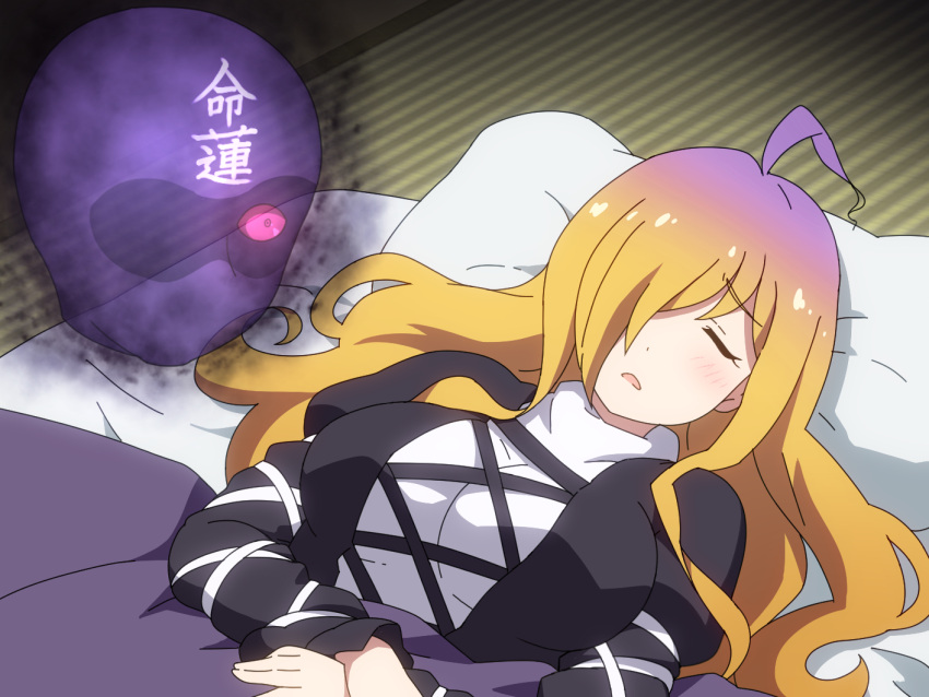 1girl ahoge black_dress blanket blonde_hair breasts closed_eyes commentary_request cross-laced_clothes d: dress eyebrows_visible_through_hair futon gradient_hair hair_over_one_eye hijiri_byakuren indoors juliet_sleeves large_breasts long_sleeves lying multicolored_hair on_back open_mouth pillow puffy_sleeves purple_hair shirosato sleeping solo tatami touhou translation_request upper_body