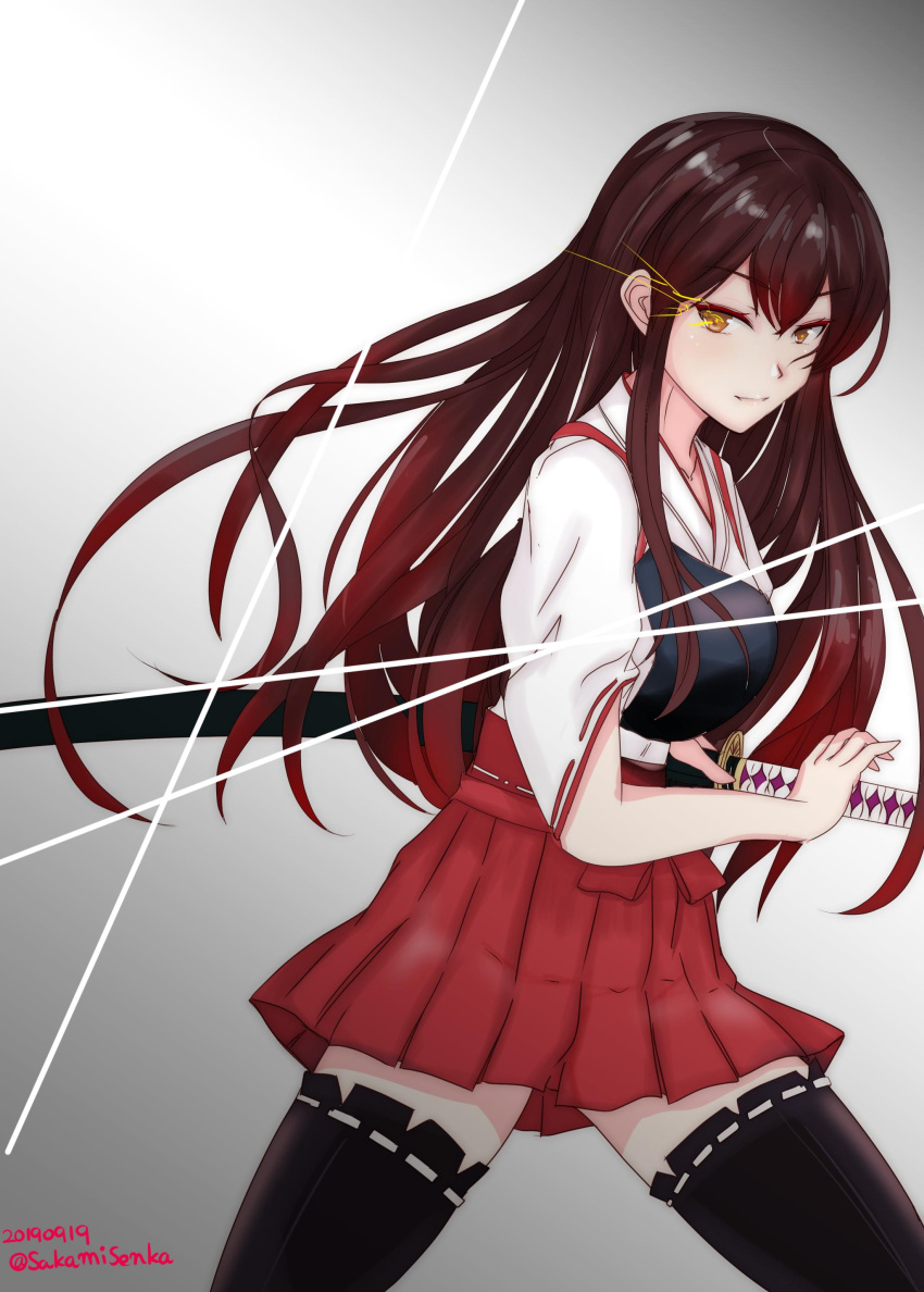 1girl 2019 absurdres akagi_(kantai_collection) artist_request bangs black_legwear breasts brown_hair collarbone commentary commentary_request cowboy_shot dated eyebrows_visible_through_hair gradient gradient_background gradient_hair green_eyes hair_between_eyes hakama hakama_skirt highres holding holding_sword holding_weapon japanese_clothes kantai_collection katana kimono long_hair looking_at_viewer multicolored_hair muneate parted_lips pleated_skirt pose red_hakama redhead remodel_(kantai_collection) ribbon ribbon-trimmed_legwear ribbon_trim scabbard sheath skirt slash smile solo sword tasuki twitter_username weapon white_kimono white_ribbon yellow_eyes