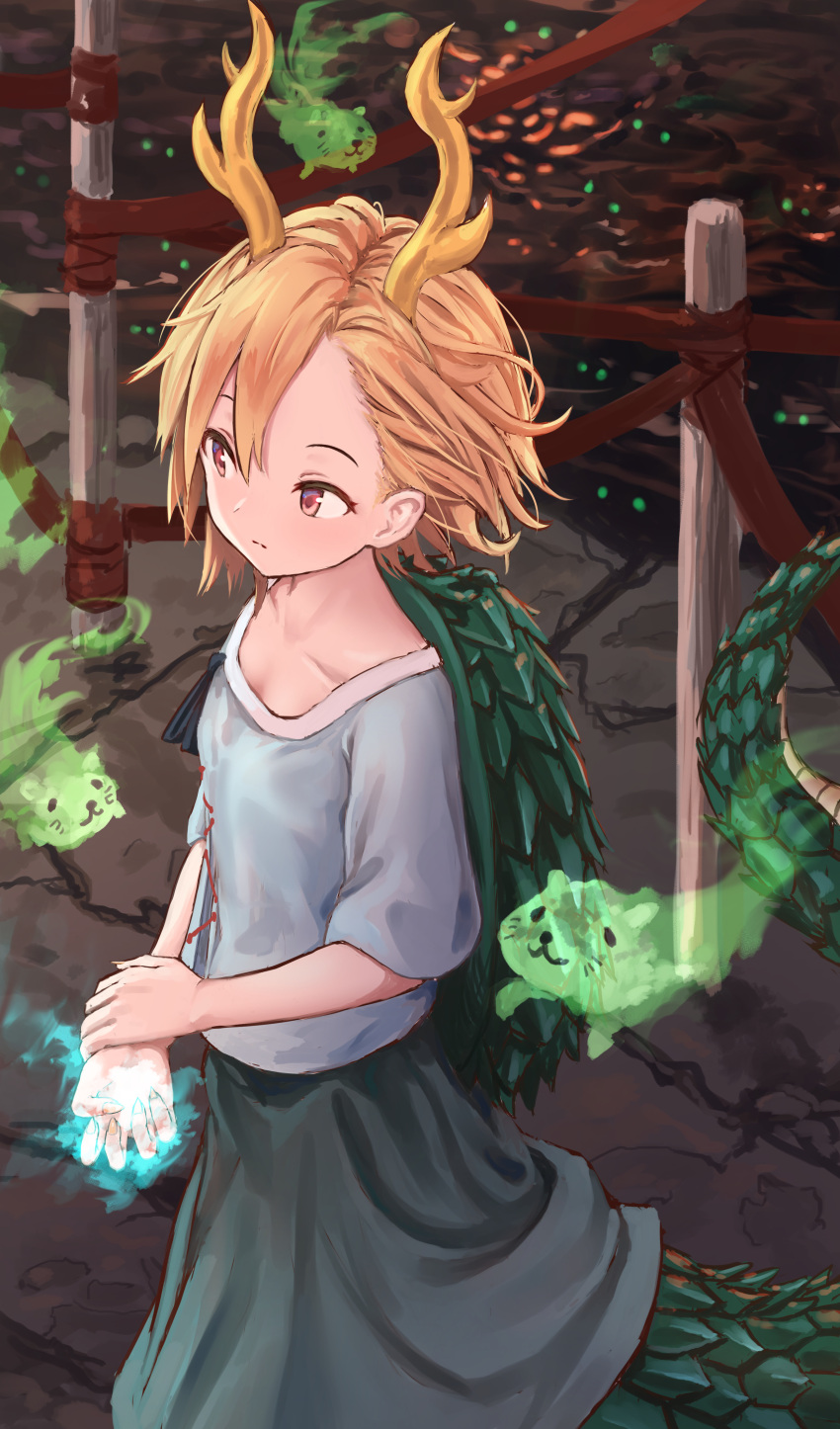 1girl absurdres aura blonde_hair blue_shirt collarbone commentary_request cowboy_shot dragon_horns dragon_tail grey_skirt hair_between_eyes highres horns kicchou_yachie miniskirt otter_spirit_(touhou) red_eyes roke_(taikodon) shirt short_hair short_sleeves skirt solo standing tail touhou