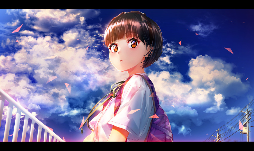 1girl backpack bag bangs blue_sky brown_hair clouds cloudy_sky commentary_request day dress_shirt eyebrows_visible_through_hair green_ribbon highres letterboxed marshall_(wahooo) neck_ribbon orange_eyes original outdoors parted_lips power_lines railing ribbon shirt short_hair short_sleeves sky solo telephone_pole thick_eyebrows white_shirt