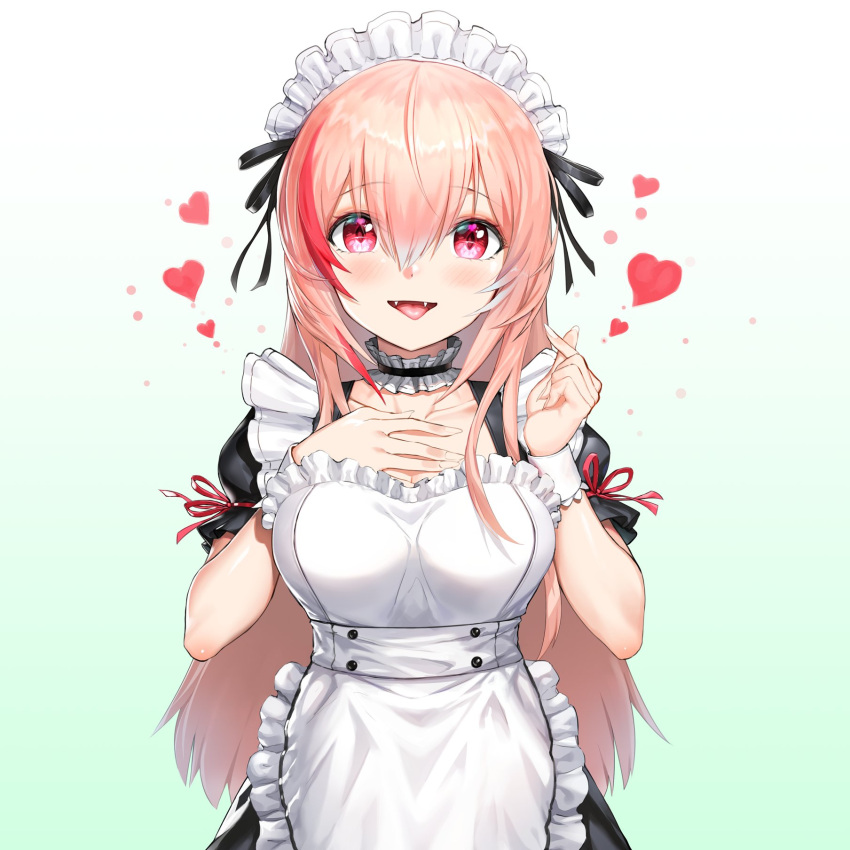 1girl apron bangs blush breasts choker collarbone cowboy_shot eyebrows_visible_through_hair fangs girls_frontline gradient gradient_background greem_bang hair_between_eyes heart highres long_hair looking_at_viewer m4_sopmod_ii_(girls_frontline) maid maid_headdress medium_breasts multicolored_hair open_mouth pink_hair puffy_short_sleeves puffy_sleeves red_eyes redhead short_sleeves sidelocks simple_background smile solo streaked_hair tongue tongue_out vampire wrist_cuffs