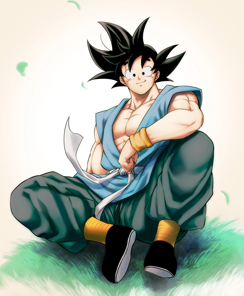 1boy beige_background black_eyes black_footwear black_hair chest clothes_lift dougi dragon_ball dragon_ball_z floating_hair full_body grass happy highres looking_at_viewer male_focus mattari_illust muscle simple_background sitting smile son_gokuu spiky_hair white_background wind wind_lift wristband