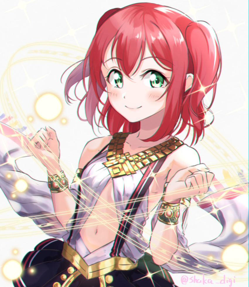 1girl bangs bare_shoulders black_skirt blurry blush breasts closed_mouth collarbone commentary_request eyebrows_visible_through_hair green_eyes hair_between_eyes hands_up highres kurosawa_ruby long_hair love_live! love_live!_sunshine!! navel pleated_skirt redhead shaka_(staito0515) shirt skirt sleeveless sleeveless_shirt small_breasts smile solo twitter_username two_side_up