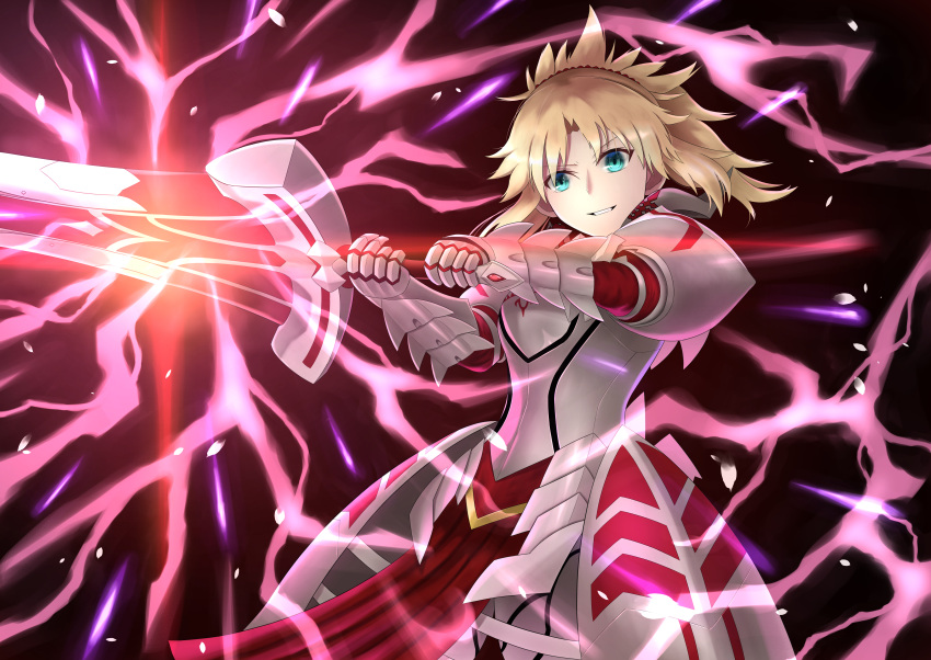 1girl absurdres armor armored_dress blonde_hair braid breasts commentary_request energy fate/apocrypha fate_(series) gauntlets green_eyes hair_ornament hair_scrunchie highres huge_filesize long_hair looking_at_viewer mordred_(fate) mordred_(fate)_(all) ponytail red_scrunchie scrunchie smile solo sou_skate714 sword teeth weapon