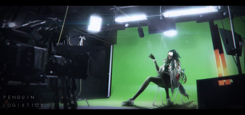 1girl arknights black_hair black_legwear boom_microphone chair cigarette coat english_text folding_chair fur_trim gloves green_screen highres indoors letterboxed lights long_hair looking_away looking_up microphone multicolored_hair name_tag open_clothes open_coat pantyhose red_gloves redhead rkzrok shoes sitting smoke smoking sneakers solo streaked_hair tail texas_(arknights) video_camera white_coat wide_shot
