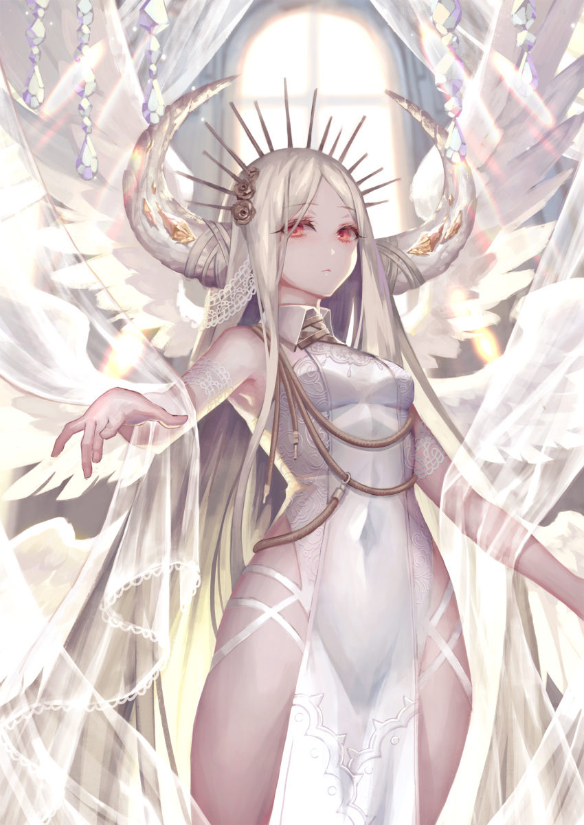 angel angel_wings armpit_crease bare_shoulders closed_mouth covered_navel dress eyebrows_visible_through_hair feathers glowing highres horns indoors lace lens_flare light light_rays nanatsu_no_taizai original platinum_blonde_hair red_eyes see-through standing tamarashi white_dress white_wings windowsill wings