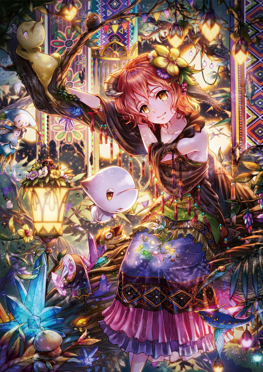 acorn bird brach brown_eyes crystal dress fantasy fish flower gem hair_flower hair_ornament highres horns in_tree indoors lamp looking_at_viewer mask original sho_(sumika) short_hair smile standing string_of_flags tagme tree