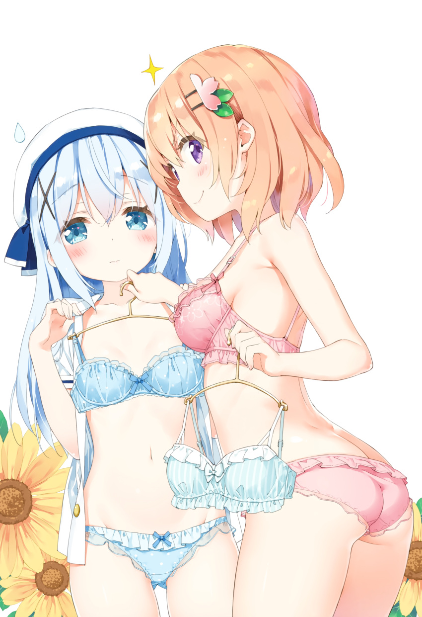 2girls 3: absurdres ass ass_visible_through_thighs bangs bare_arms bare_shoulders beret blue_bra blue_eyes blue_hair blue_panties blush bow bow_bra bow_panties bra breasts closed_mouth clothes_hanger clothes_in_front collarbone embarrassed eyebrows_visible_through_hair flower frilled_bra frilled_panties frills gochuumon_wa_usagi_desu_ka? groin hair_between_eyes hair_ornament hairclip hat highres holding hoto_cocoa huge_filesize kafuu_chino light_brown_hair long_hair looking_at_viewer looking_back medium_breasts multiple_girls navel no_bra open_clothes open_shirt panties peko pink_bra pink_panties polka_dot polka_dot_bra polka_dot_panties scan shirt short_sleeves simple_background small_breasts smile sparkle stomach sweatdrop underwear underwear_only very_long_hair violet_eyes white_background white_headwear white_shirt x_hair_ornament yellow_flower