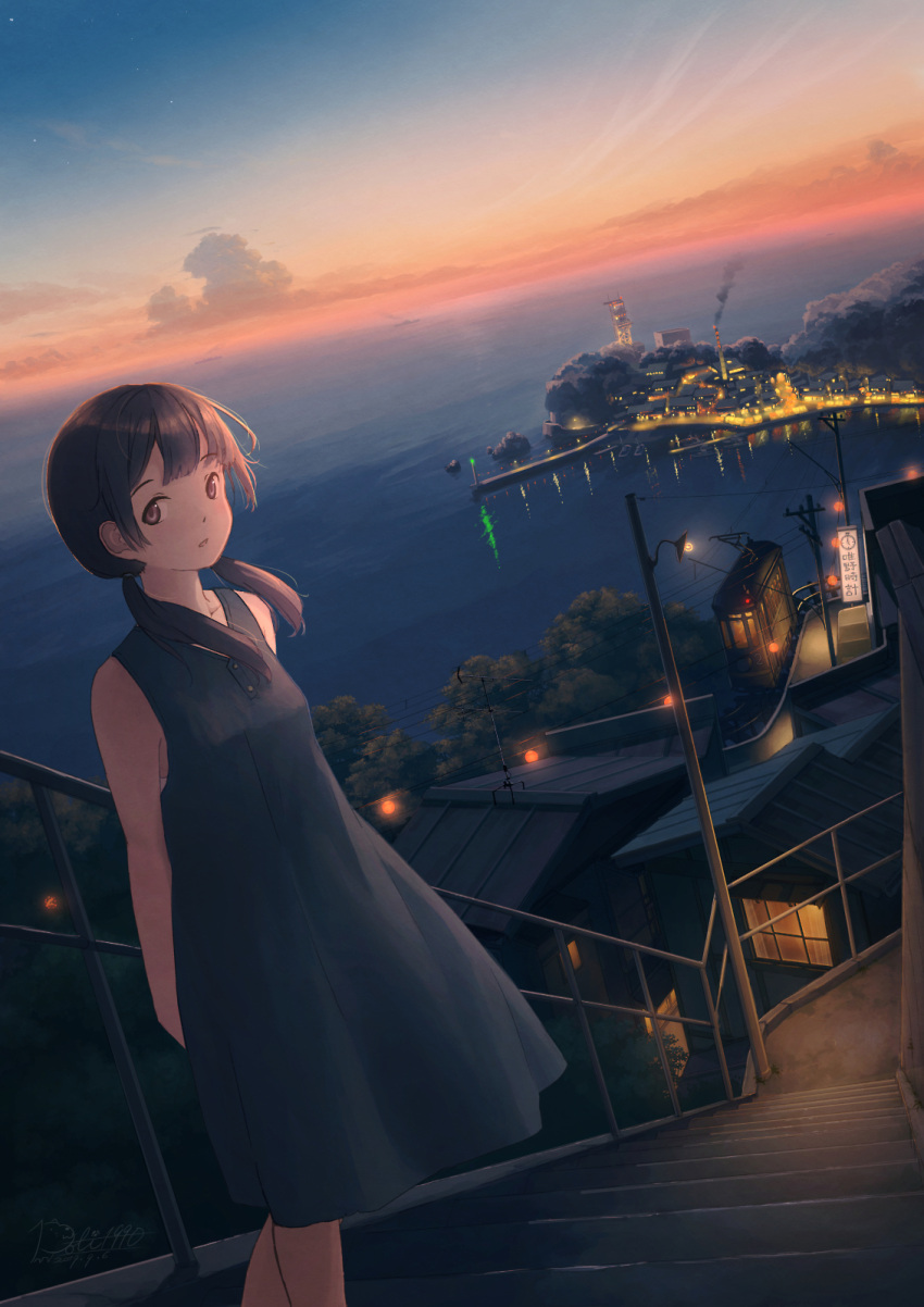 1girl black_dress black_hair cable_car commentary dress evening highres horizon low_twintails ocean original pier pochi_(poti1990) scenery sleeveless sleeveless_dress smokestack solo twilight twintails