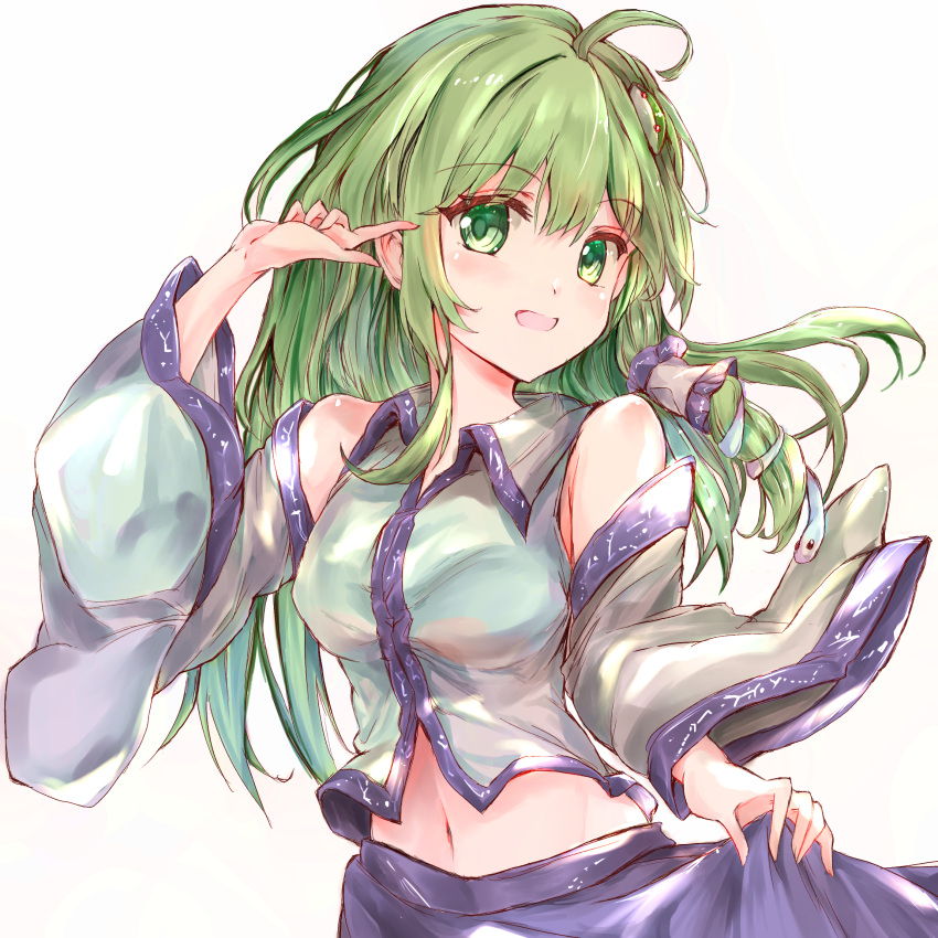 1girl ahoge bangs bare_shoulders blue_skirt blush breasts collared_shirt commentary_request detached_sleeves eyebrows_visible_through_hair frog_hair_ornament green_eyes green_hair hair_ornament hair_tubes hand_up highres holding_skirt ikazuchi_akira kochiya_sanae long_hair looking_at_viewer medium_breasts navel nontraditional_miko open_mouth shirt simple_background skirt sleeveless sleeveless_shirt smile snake_hair_ornament solo touhou upper_body white_background white_shirt