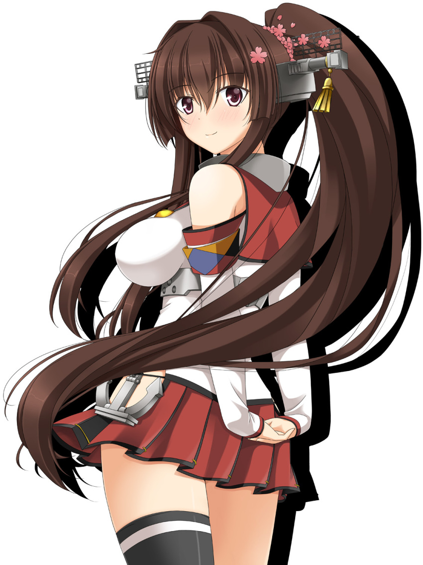 1girl anchor black_legwear breasts brown_hair commentary_request cowboy_shot detached_sleeves flower hair_flower hair_ornament headgear highres hip_vent kantai_collection light_smile long_hair looking_at_viewer looking_back miniskirt pleated_skirt ponytail rappa_(rappaya) red_skirt sidelocks simple_background single_thighhigh skirt solo thigh-highs violet_eyes white_background yamato_(kantai_collection)