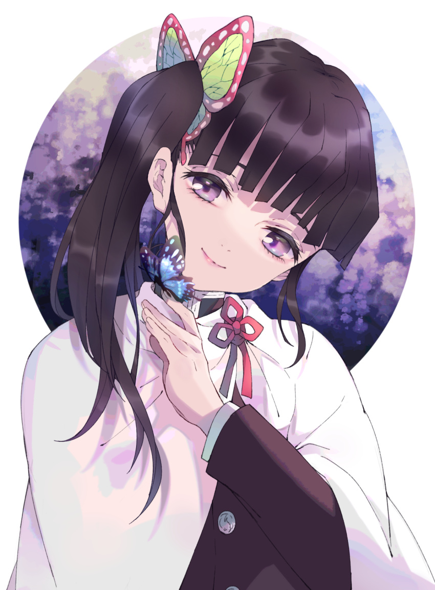 1girl animal animal_on_hand bangs black_hair black_jacket butterfly_hair_ornament butterfly_on_finger cloak closed_mouth commentary_request eyebrows_behind_hair fingernails hair_ornament head_tilt highres jacket kayanogura kimetsu_no_yaiba long_hair long_sleeves looking_at_viewer side_ponytail smile solo tsuyuri_kanao upper_body violet_eyes white_cloak