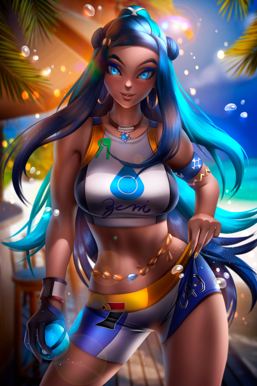 1girl absurdres aqua_hair armband armlet ayya_saparniyazova bangs beach belly_chain black_hair blue_eyes blue_eyeshadow blue_sky blurry blurry_background breasts chair contrapposto cowboy_shot dark_skin day earrings eyelashes eyeliner fingernails gem gloves gym_leader hair_bun highres holding holding_poke_ball hoop_earrings jewelry legs_apart long_fingernails long_hair looking_at_viewer makeup medium_breasts multicolored_hair nail_polish necklace ocean outdoors paid_reward palm_tree partly_fingerless_gloves patreon_reward patreon_username poke_ball poke_ball_(generic) pokemon pokemon_(game) pokemon_swsh rurina_(pokemon) shorts sidelocks single_glove sky solo sportswear standing swimsuit tankini tree two-tone_hair very_long_hair water water_drop wristband yellow_nails